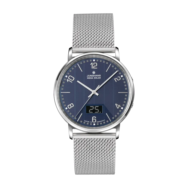 Junghans Milano Mega Solar, Milanese strap with safety clasp, multi-frequency radio-controlled solar movement, men's watch 56/4629.44