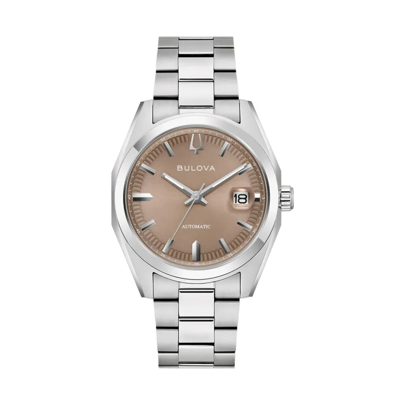Bulova Surveyor Automatic Light Brown Steel Bracelet Mens Watch 96B470