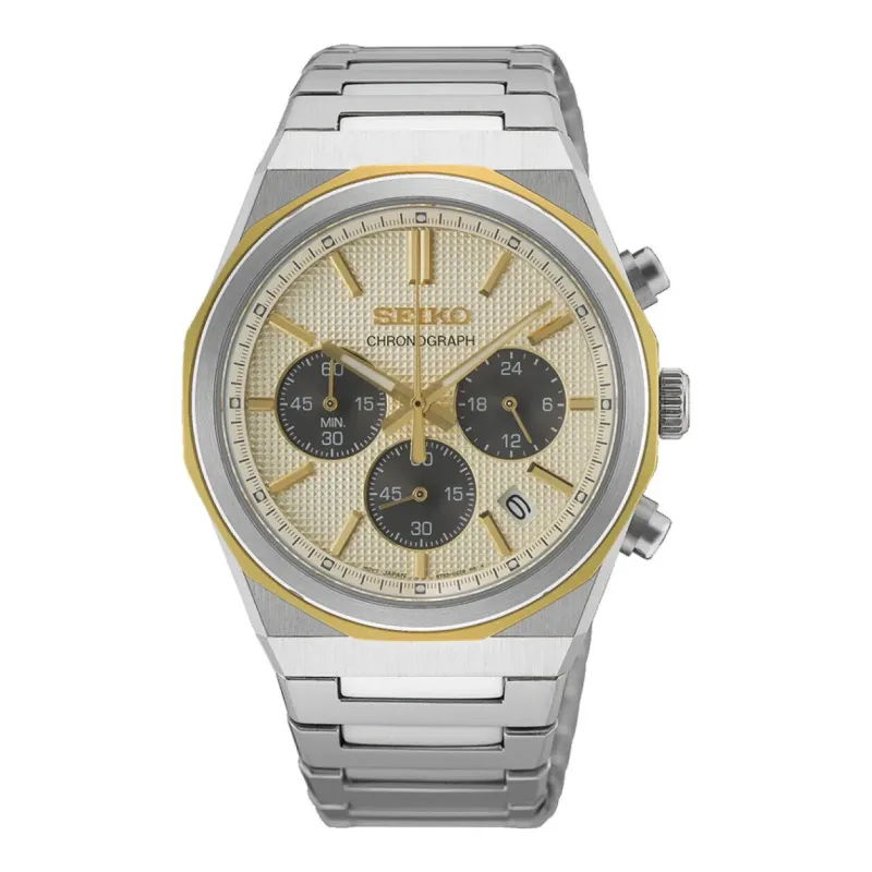 Seiko Chronograph Quartz 40 mm Steel Bracelet Gold Mens Watch HGK001P1