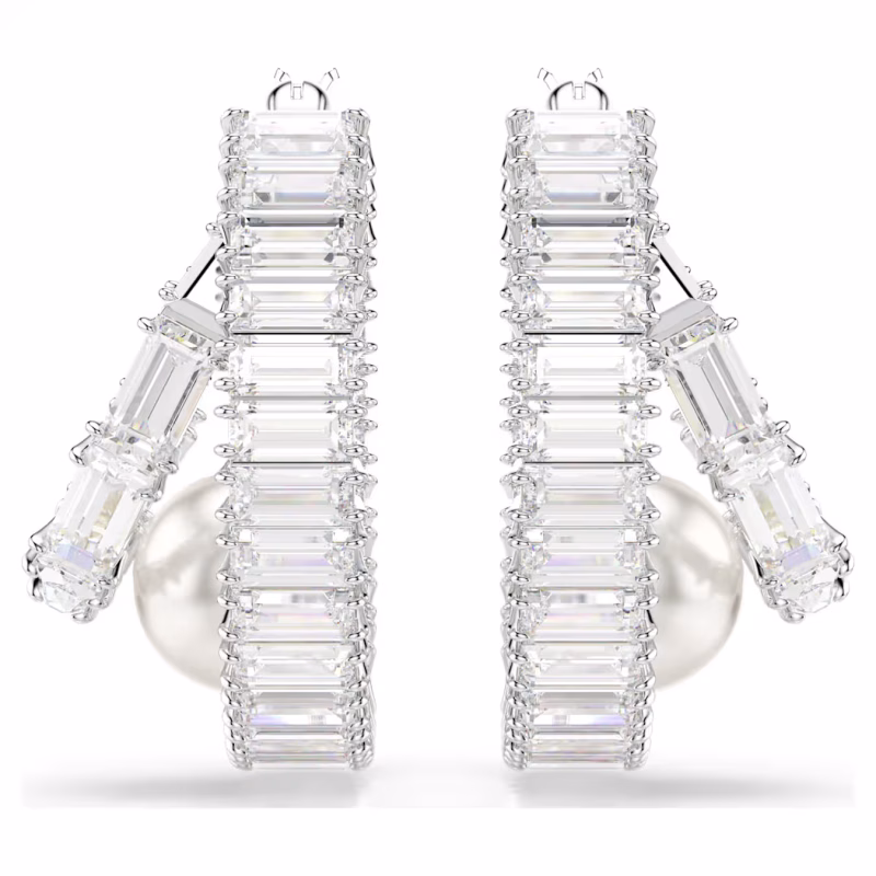 Swarovski Creolen Ariana Grande x Swarovski Kristallperle, Baguette-Schliff, Weiß, Rhodiniert