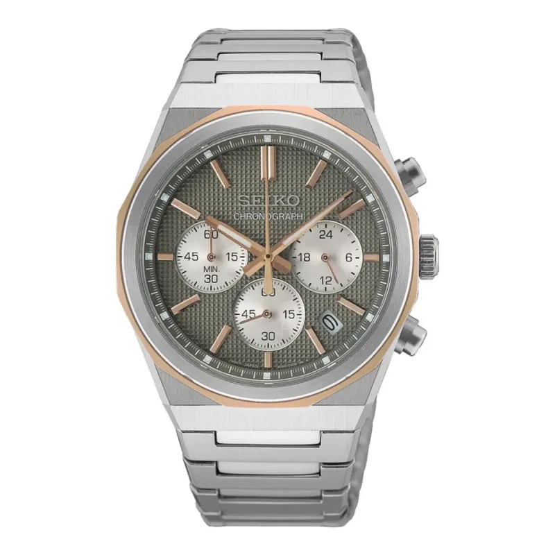 Seiko Chronograph Quartz 40 mm Steel Bracelet Grey Mens Watch HGK002P1