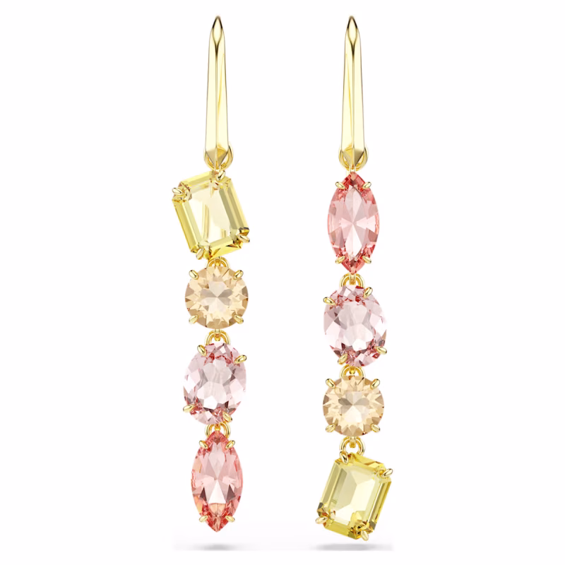 Swarovski Gema Drop Earrings, Asymmetrical Design, Various Cuts, Pink, Gold Alloy Layer