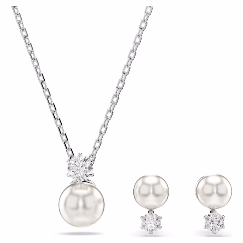 Swarovski Matrix Set Crystal Pearl, Round Cut, White, Rhodium Plated