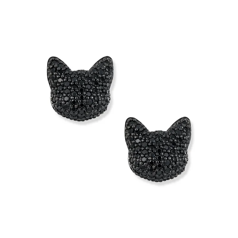 Kuro cat earrings, sterling silver with black cubic zirconia
