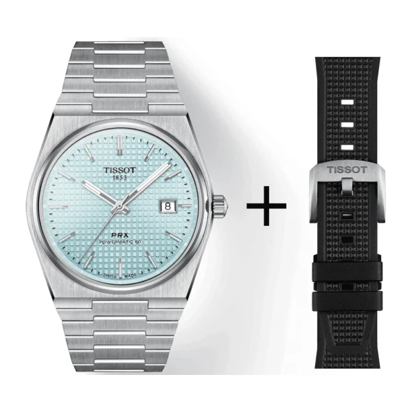 Tissot PRX Powermatic 80 Light Blue Men's Watch T137.407.11.351.00 Set with Black Rubber Strap