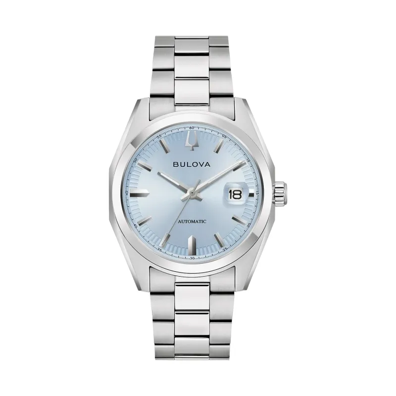 Bulova Surveyor Automatic Light Blue Steel Bracelet Mens Watch 96B469