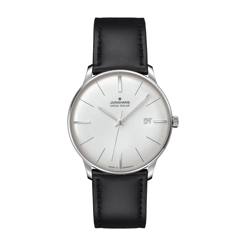 Junghans Meister Mega Solar, black leather strap with pin buckle, radio-controlled solar movement men's watch 59/4603.02