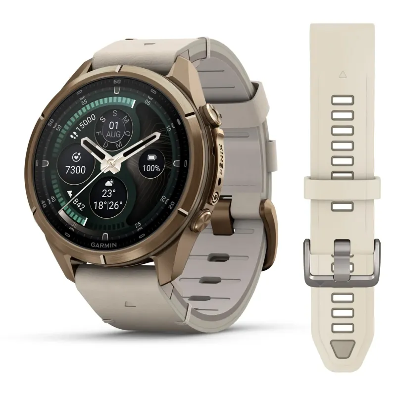 Garmin fēnix® 9 Pro inReach® - 43 mm AMOLED Sapphire Autumn Gold Titanium with Bone Leather Band + Cream/French Gray Silicone Band 010-04335-41