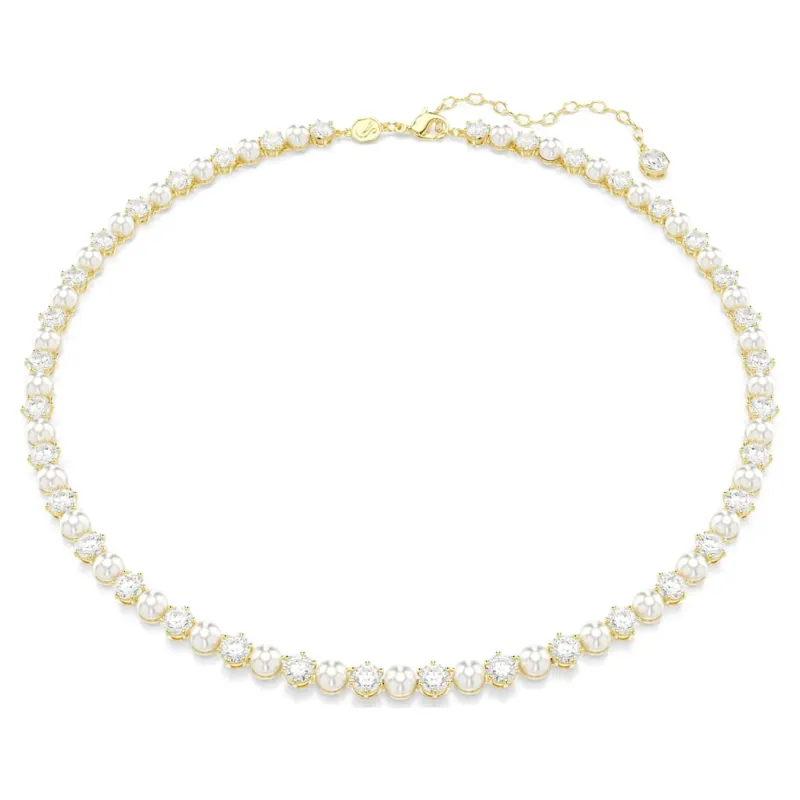 Swarovski Matrix Tennis Necklace Crystal Bead, Round Cut, White, Gold Alloy Layer