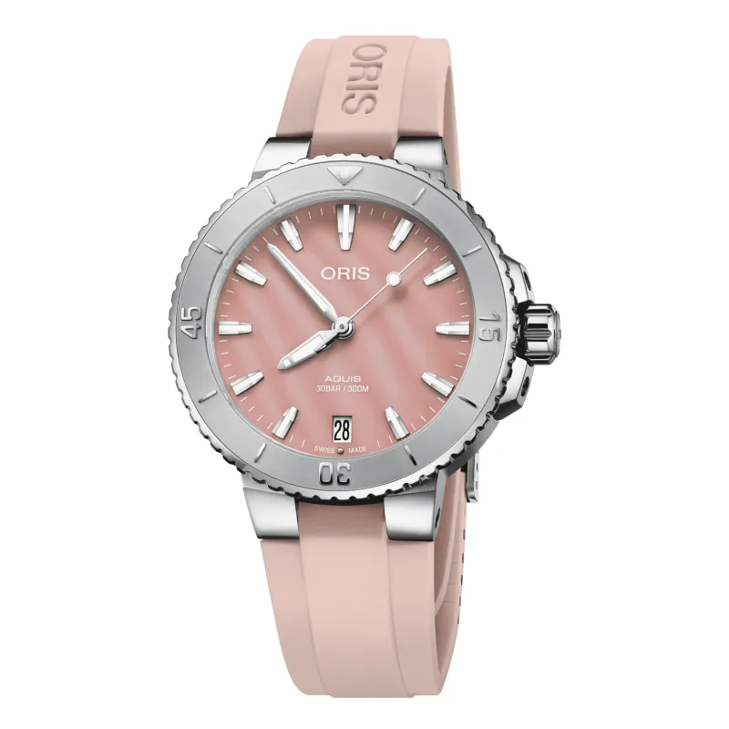 Oris Aquis Date 36.5mm, bezel with minute scale, rubber strap, mother-of-pearl red ladies' watch 01 733 7770 4158-07 4 18 66FC