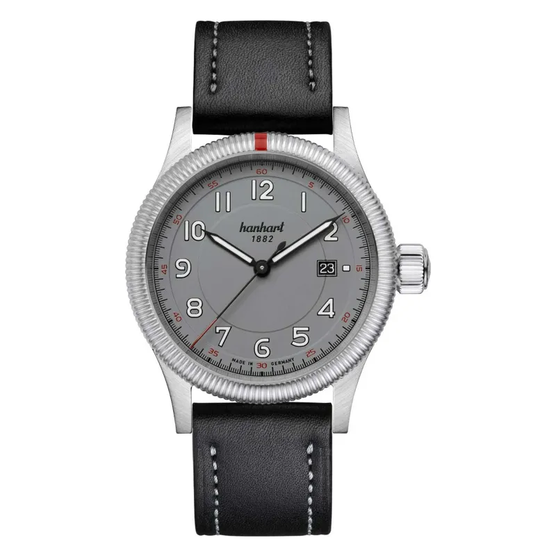Hanhart PIONEER One Grey 42 mm Leather Strap Black Men's Watch 762.240-7010