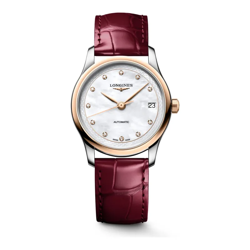Longines Master Collection Perlmutt Diamanten Two Tone Rose Gold burgundy leather strap 34 mm Women’s Watch L2.450.5.89.2