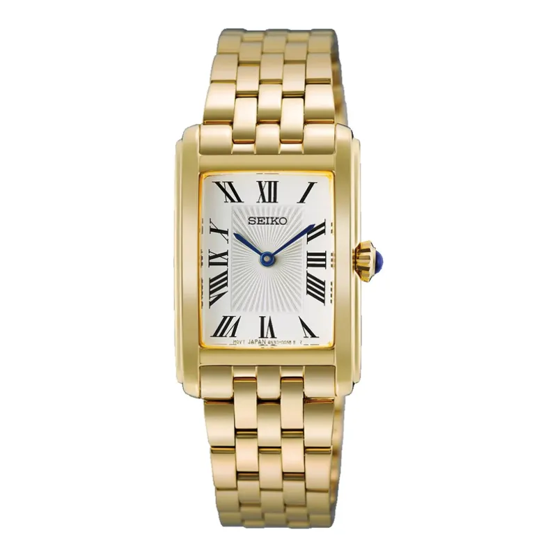 Seiko Classic Rectangular Quartz 22 mm Gold Tone White Ladies Watch HGG001P1