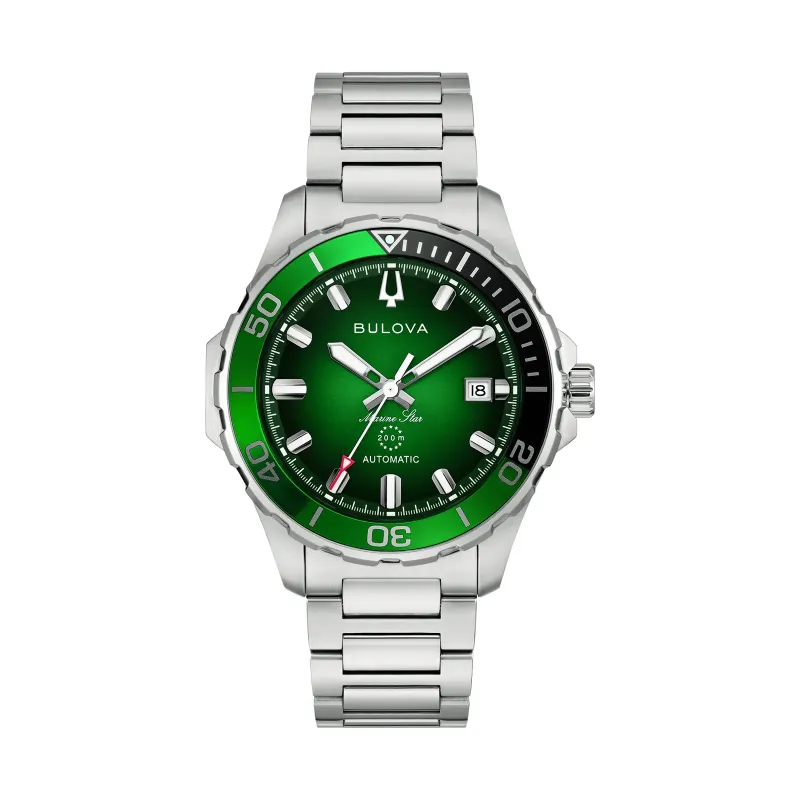 Bulova Marine Star Automatic Green Steel Bracelet Mens Watch 98B471