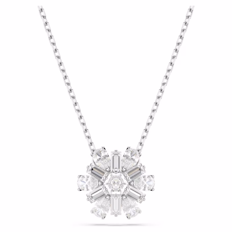 Swarovski Idyllia Pendant, Various Cuts, Snowflake, White, Rhodium Plated