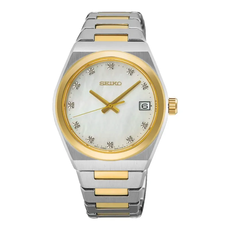 Seiko Classic Mother of Pearl Diamond Quartz 34 mm Gold Tone Ladies Watch SUR604P1