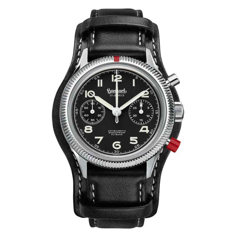 Hanhart 417 ES 1954 Heritage Flyback 39 mm Leather Strap Black Men's Watch H701.212-7010